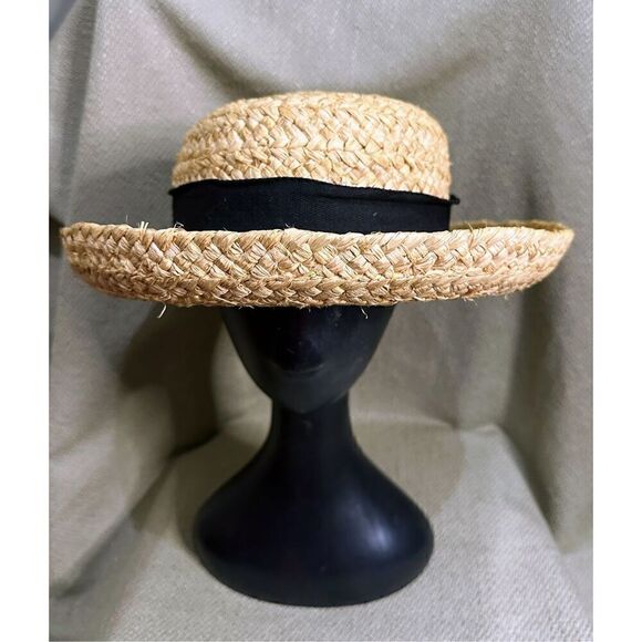 Vintage Scala Collection Woven Straw Hat Black Ribbon Trim Bow Feather Boho - Picture 4 of 10
